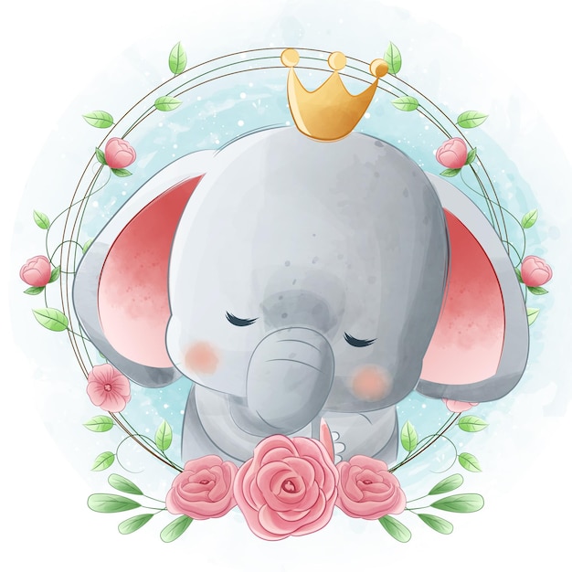 Vector lindo elefante con corona de flores para baby shower