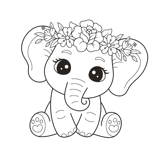 Lindo elefante en una corona de flores dibujada a mano página para colorear