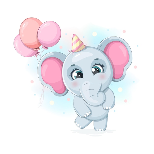 Vector lindo elefante de dibujos animados con globos feliz cumpleaños