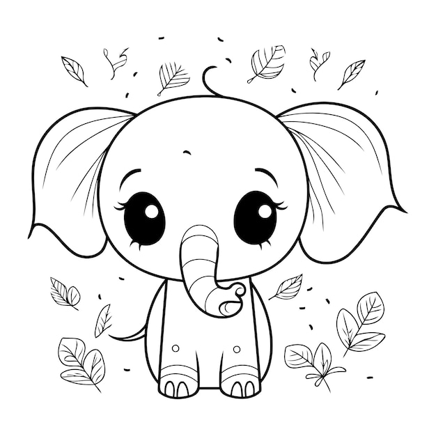 Vector lindo elefante de dibujos animados con hojas ilustración vectorial para colorear libro