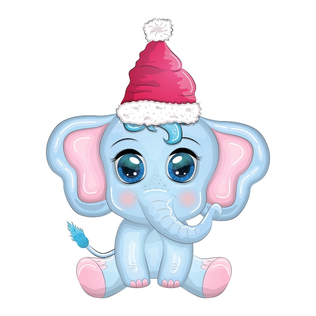 Vector lindo elefante de dibujos animados personaje infantil con hermosos ojos con sombrero de santa bufanda con regalo bola de navidad