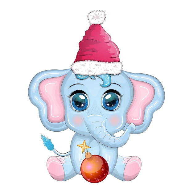 Vector lindo elefante de dibujos animados personaje infantil con hermosos ojos con sombrero de santa bufanda con regalo bola de navidad
