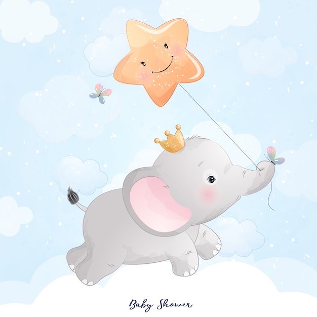 Vector lindo elefante doodle con ilustración de estrella