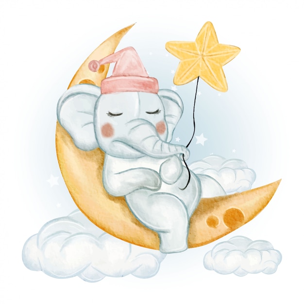 Lindo Elefante Durmiendo En La Luna Con Estrellas Vector Premium