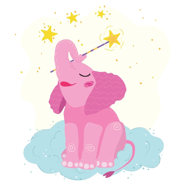 Un lindo elefante está sentado en una nube. Varita mágica, estrellas. Bebé elefante rosa.