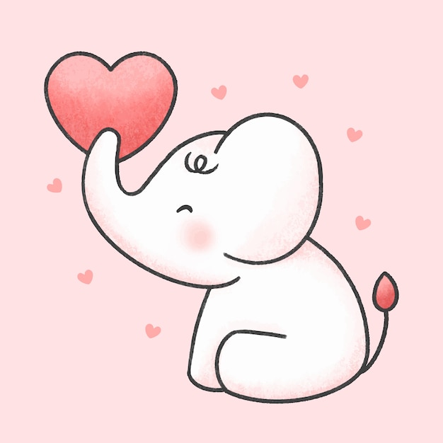 Lindo elefante con estilo de dibujos animados de corazón dibujado a mano