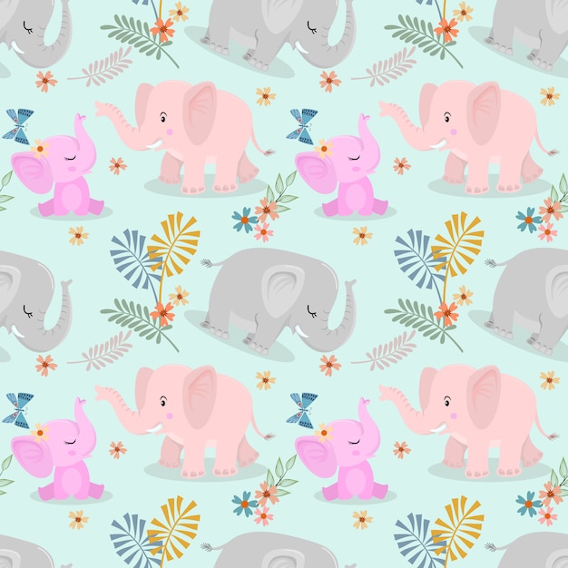 Lindo elefante familia y mariposa de patrones sin fisuras