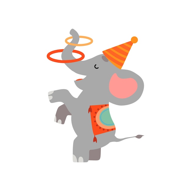 Lindo elefante haciendo malabarismos con aros animal divertido actuando en espectáculo de circo ilustración vectorial