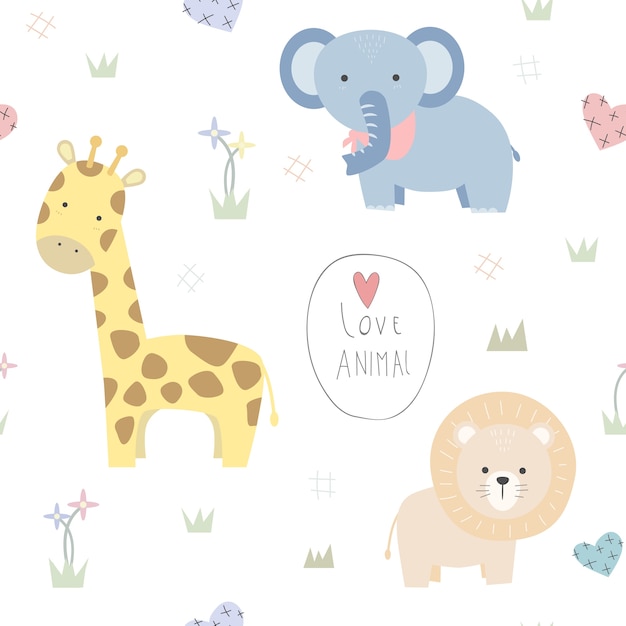 Vector lindo elefante jirafa león dibujos animados doodle sin patrón