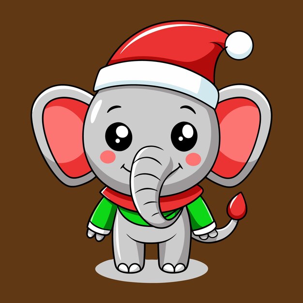 Lindo elefante navideño con sombrero de Papá Noel y pañuelo verde Ilustración de dibujos animados