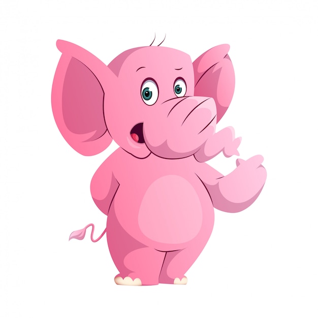 Lindo elefante rosa de pie y señalando su mano