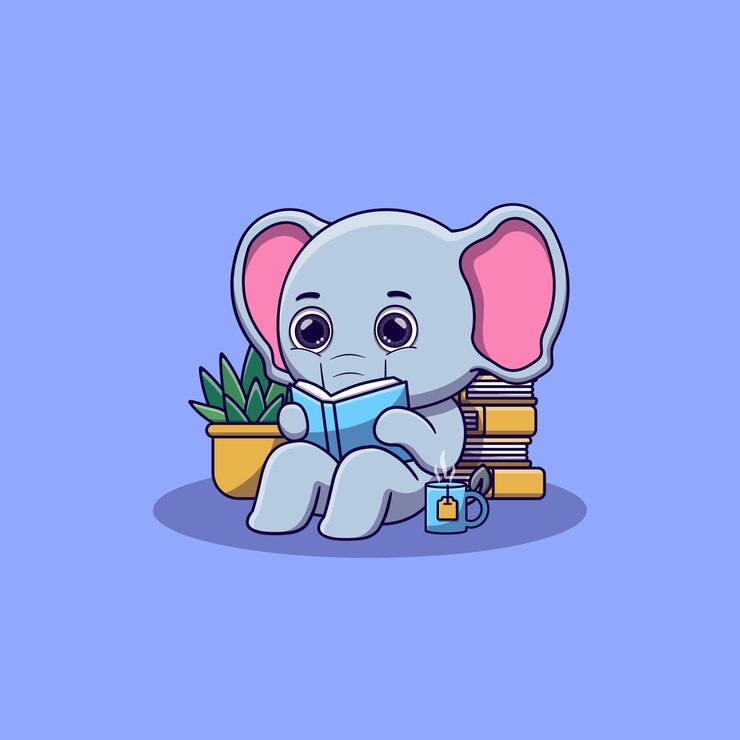 Lindo elefante sentado mientras lee el libro