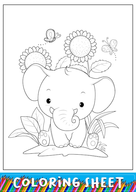 Vector lindo elefante se sienta en la hoja de coloración vectorial del jardín de flores