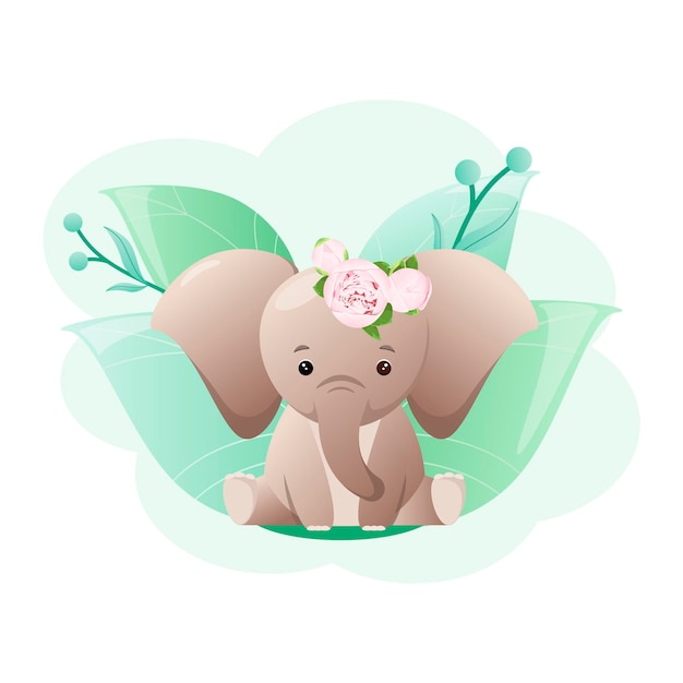 Lindo elefante sobre un fondo de hojas verdes diseño de dibujos animados