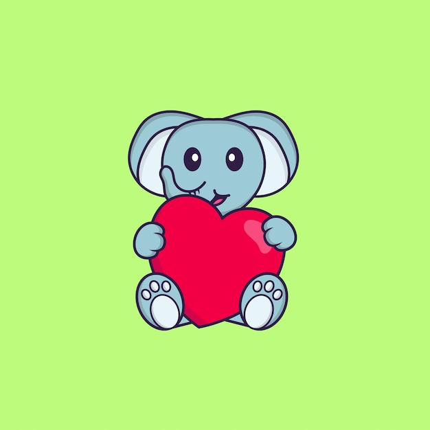 Lindo elefante sosteniendo un gran corazón rojo. concepto de dibujos animados de animales aislado.