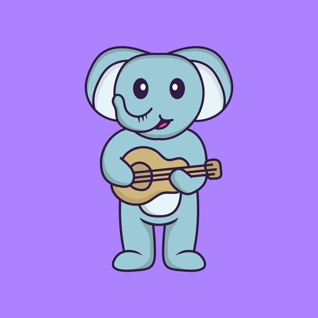 Lindo elefante tocando la guitarra. Concepto de dibujos animados de animales aislado. Estilo de dibujos animados plana