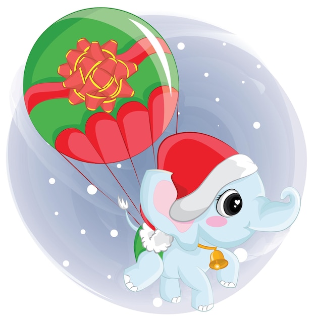 Lindo elefante volando en un globo navideño. elemento gráfico para el día de navidad, libro infantil, álbum, álbum de recortes, postal.