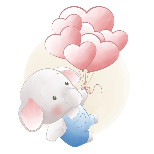 Vector lindo elefante volando en globos en forma de corazón tarjeta de animales de hito de bebé