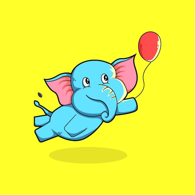 Vector lindo elefante volando sosteniendo un globo rojo. concepto de icono de naturaleza animal. vector premium aislado.