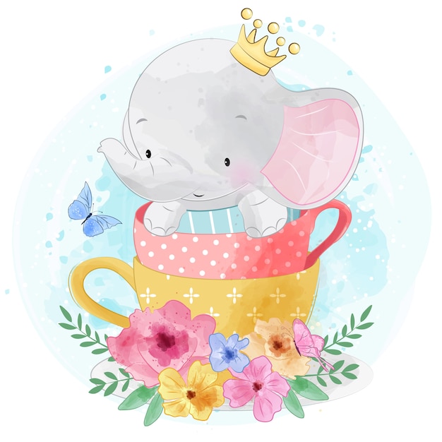 Vector lindo elefantito sentado dentro de la taza de té