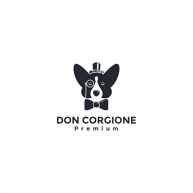 Lindo y elegante logotipo de perro corgi con esmoquin y sombrero de caballero