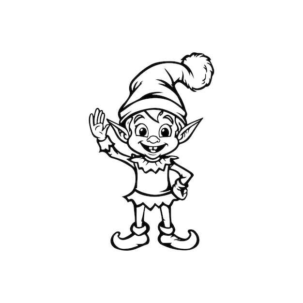 El lindo elfo de dibujos animados en blanco y negro saludando