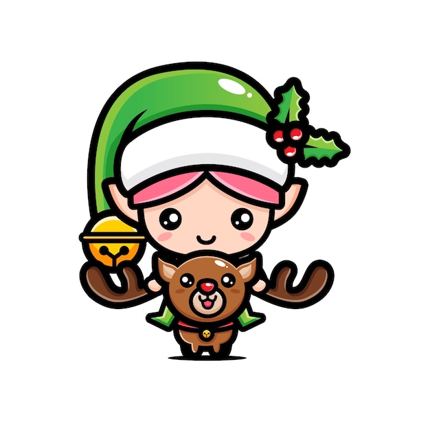 Lindo elfo montando un reno navideño