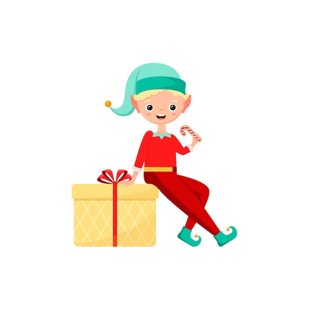 Lindo elfo de Navidad con un regalo sobre un fondo blanco. Diseño plano.