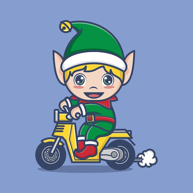 lindo elfo navideño de dibujos animados montando motocicleta