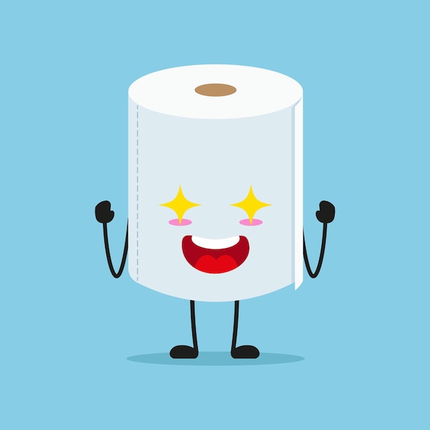 Vector el lindo y emocionado personaje de papel higiénico es un emoticon de dibujos animados de tejido electrizante en estilo plano.