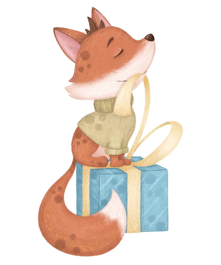 Vector lindo y encantador fox en suéter con regalo. ilustración digital de cumpleaños