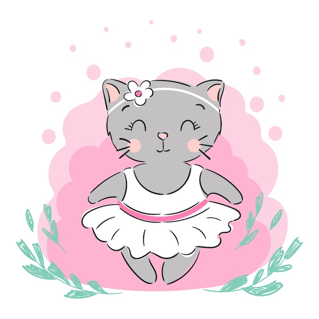 Vector lindo y encantador gatito con vestido blanco. se puede usar para imprimir camisetas. ropa para niños. diseño de moda. tarjeta de invitación para baby shower.