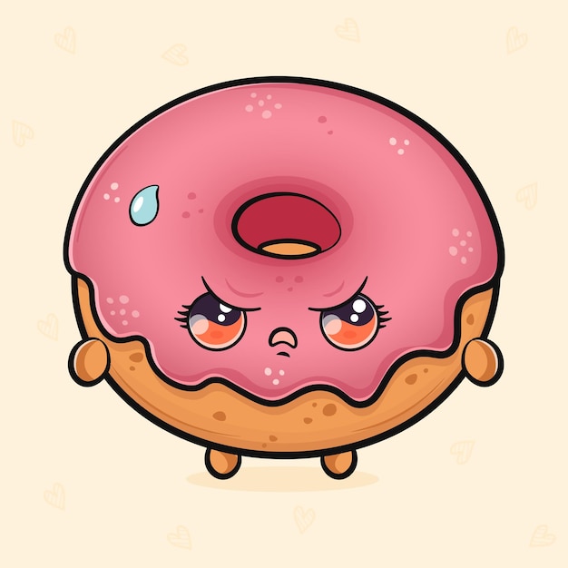 Lindo y enojado personaje de rosquilla de donut vector dibujado a mano icono de ilustración de personaje de dibujos animados kawaii
