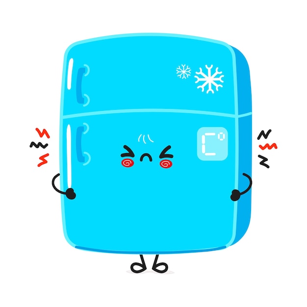 Lindo y enojado refrigerador personaje vectorial dibujado a mano dibujo animado kawaii personaje ilustración icono