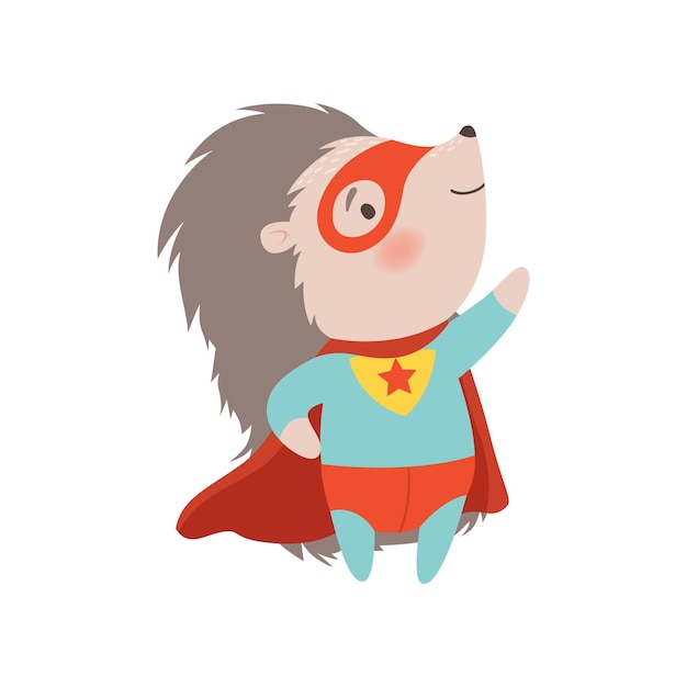 Lindo erizo con disfraz y máscara de superhéroe valiente animal de dibujos animados Ilustración vectorial de personaje en fondo blanco