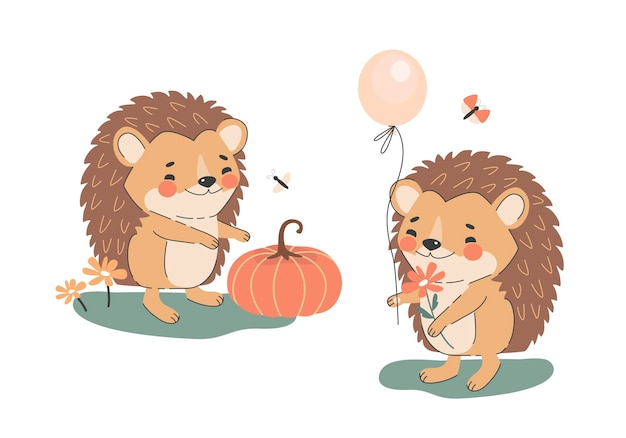 Lindo erizo con globo y calabazas Ilustración vectorial