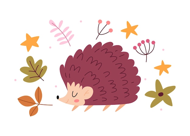 Vector un lindo erizo en medio de las hojas de otoño un personaje minimalista en un estilo dibujado a mano