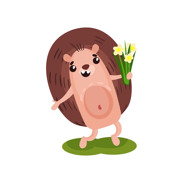 Lindo erizo de pie con ramo de flores vector de caracteres de dibujos animados animales divertidos ilustración sobre un fondo blanco