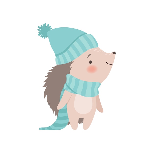 Lindo erizo con sombrero y bufanda de punto azul claro Adorable animal espinoso Ilustración vectorial de personaje de dibujos animados con fondo blanco