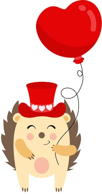 Lindo erizo con sombrero rojo sosteniendo un globo de corazón