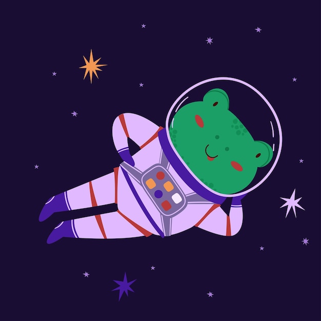 Lindo espacio animal vector ilustración rana astronauta en pose divertida en el espacio ultraterrestre animal de dibujos animados pequeño explorador universo ideal para conceptos de niños