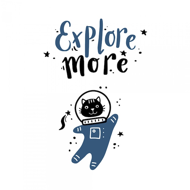 Vector lindo espacio de letras dibujadas a mano y cita de galaxia con ilustración de gato astronauta.