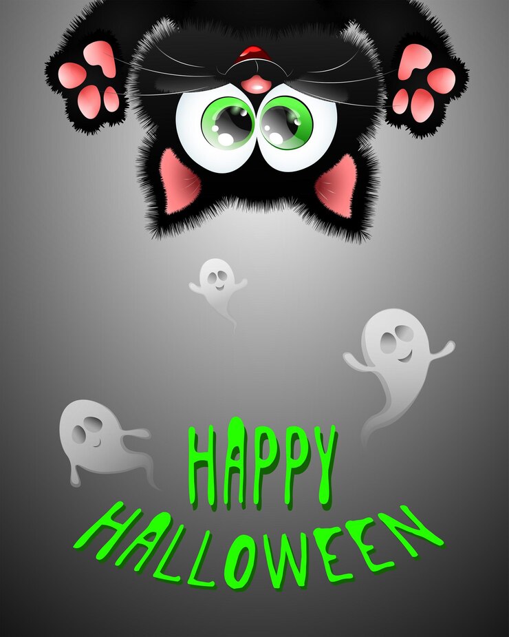 Vector lindo y esponjoso gatito negro de dibujos animados boca abajo con fantasmas y texto feliz halloween.
