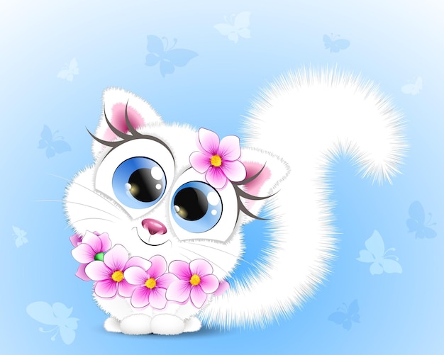 Vector lindo y esponjoso gato blanco de dibujos animados con flores y mariposas sobre fondo azul.