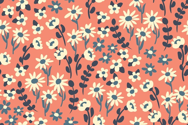 Lindo estampado floral con un diseño simple Fondo botánico de dibujos animados de patrones sin fisuras con flores pequeñas de prado retro hojas hierbas sobre un fondo rosa Ilustración vectorial