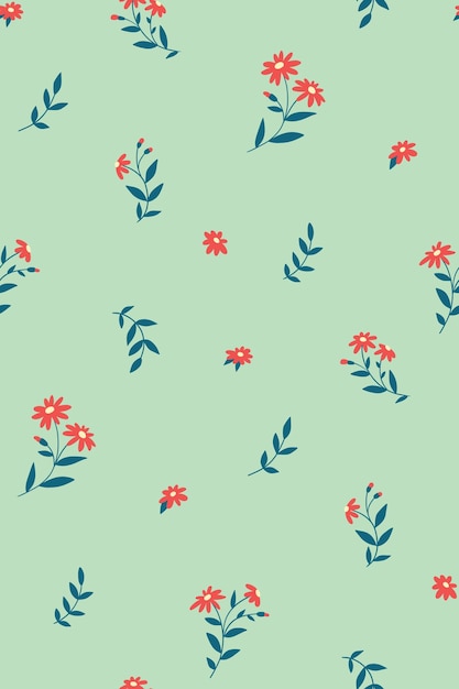 Lindo estampado floral con plantas pequeñas Patrón sin costuras con flores rojas y hojas azules Ilustración vectorial