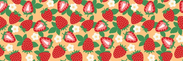Lindo estandarte de patrón vectorial de fresa sin costuras que repite la cubierta horizontal