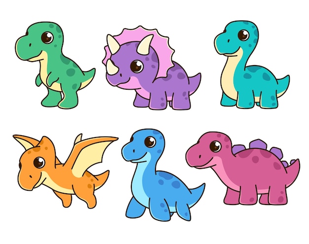 El lindo estilo de dibujos animados kawaii dinosaurios personajes conjunto de ilustraciones de niños vectoriales