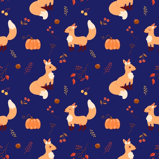 Lindo estilo de dibujos animados zorro de patrones sin fisuras con hojas de otoño nueces y bayas
