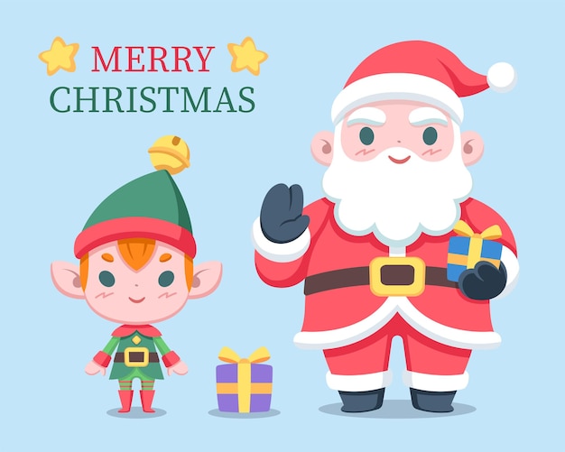 Lindo estilo Santa Claus y elfo de Navidad ilustración de dibujos animados